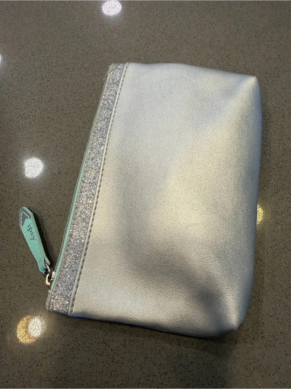 Ipsy Silver Metallic Cosmetic Bag Glitter Trim Mint Zipper Makeup Pouch Travel